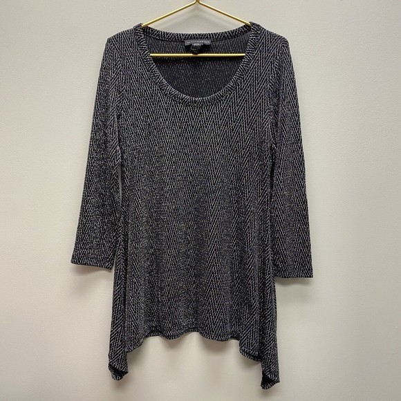 Grace Elements Metallic Slinky Tunic Top Sz Medium Black Silver Sharkbite Dressy - Picture 2 of 8
